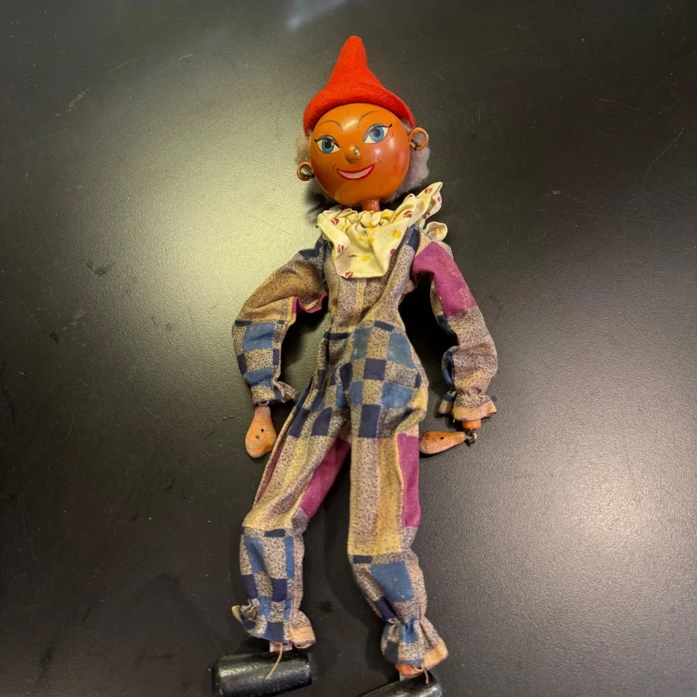 Vintage Marionette Puppet Toy 13in Multicolor Patchwork Jester Hand Painted Wood